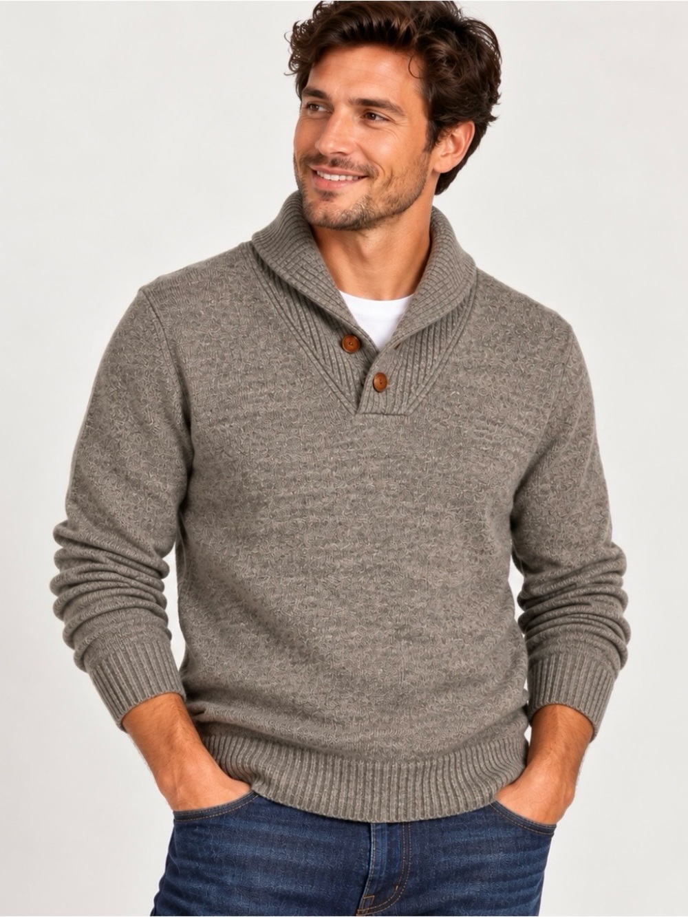J Crew Rugged Merino Wool Sweater Gray Shawl Collar 2 Button Pullover Medium